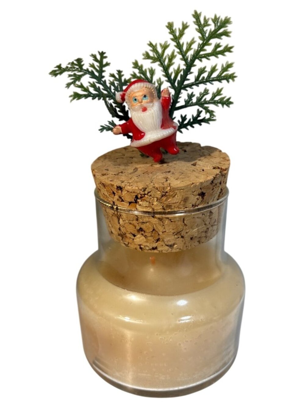Santa Themed Candle Cork Lid Greenery Glass Jar Cream Wax  6" Vintage